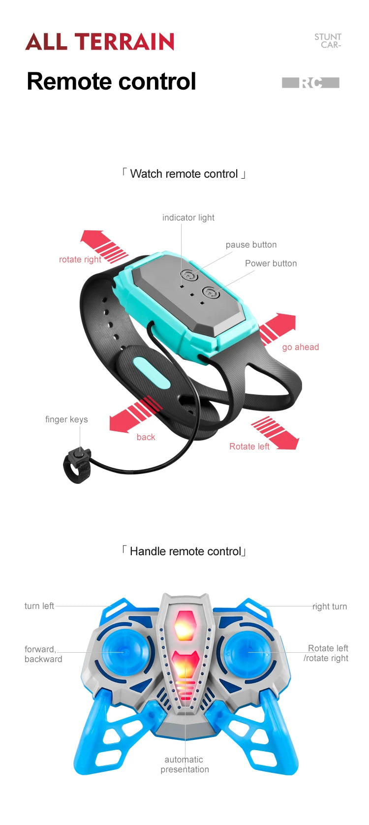 CV-B500 - Coche acrobático de control remoto anfibio de doble cara con giro y conducción a la deriva para niños 