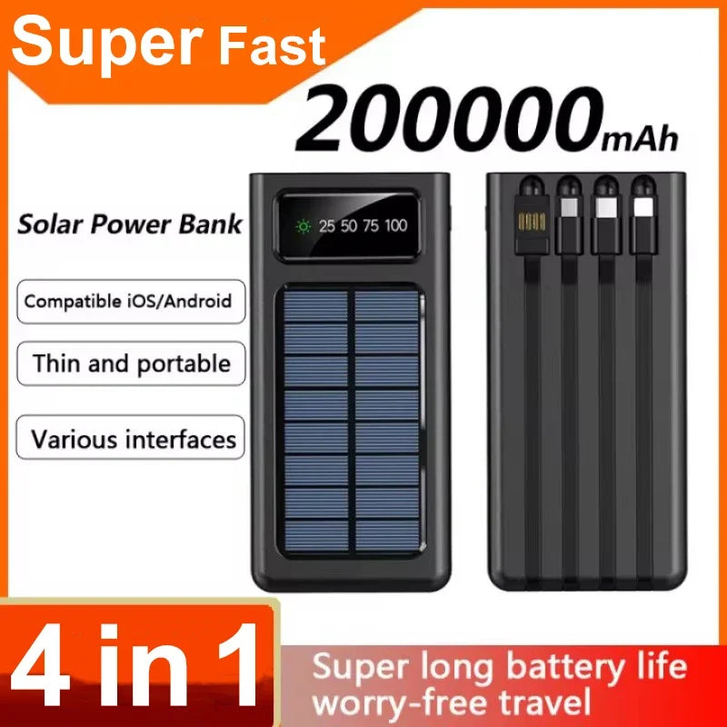 4-in-1 200000mAh Solar Power Bank: Ultimate Fast Charging for Xiaomi & iPhone