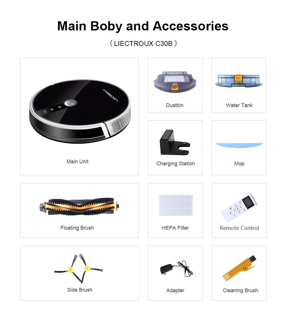 Aspiradora robot LIECTROUX C30B: navegación con mapas de IA, memoria, partición inteligente, succión de 6000 Pa, tanque de agua eléctrico, mopa húmeda