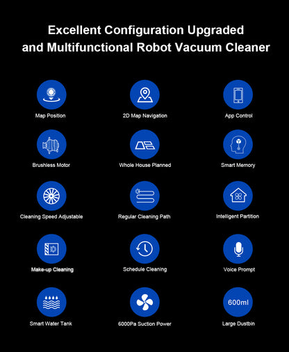 Aspirateur robot LIECTROUX C30B - Navigation cartographique AI, mémoire, partition intelligente, aspiration 6000 Pa, réservoir d'eau électrique, serpillère humide