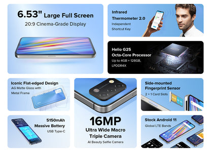 Smartphone UMIDIGI A11 version mondiale Android 11 Helio G25 64 Go 128 Go 6,53" HD + triple caméra 16MP 