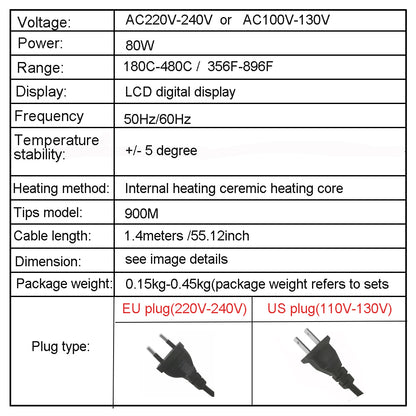 Kit de soldador eléctrico digital de 80 W, temperatura ajustable, herramienta de soldadura de 220 V y 110 V, calentador de cerámica, puntas de soldadura 