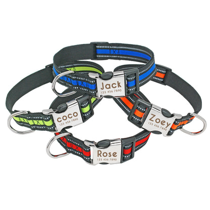 Collar de nailon personalizado para perros - Etiqueta de identificación grabada con placa reflectante para perros pequeños, medianos y grandes 