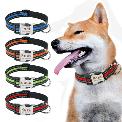 Collar de nailon personalizado para perros - Etiqueta de identificación grabada con placa reflectante para perros pequeños, medianos y grandes 