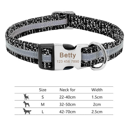 Collar de nailon personalizado para perros - Etiqueta de identificación grabada con placa reflectante para perros pequeños, medianos y grandes 