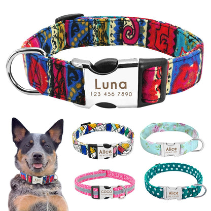 Collar de nailon personalizado para perros - Etiqueta de identificación grabada con placa reflectante para perros pequeños, medianos y grandes 