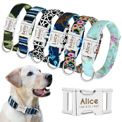 Collar de nailon personalizado para perros - Etiqueta de identificación grabada con placa reflectante para perros pequeños, medianos y grandes 