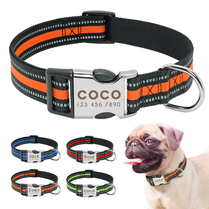 Collar de nailon personalizado para perros - Etiqueta de identificación grabada con placa reflectante para perros pequeños, medianos y grandes 