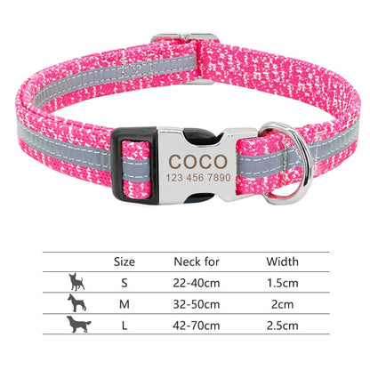 Collar de nailon personalizado para perros - Etiqueta de identificación grabada con placa reflectante para perros pequeños, medianos y grandes 