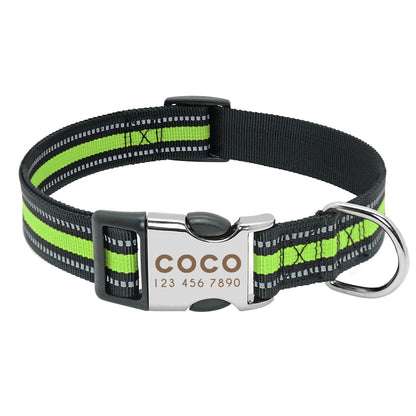 Collar de nailon personalizado para perros - Etiqueta de identificación grabada con placa reflectante para perros pequeños, medianos y grandes 