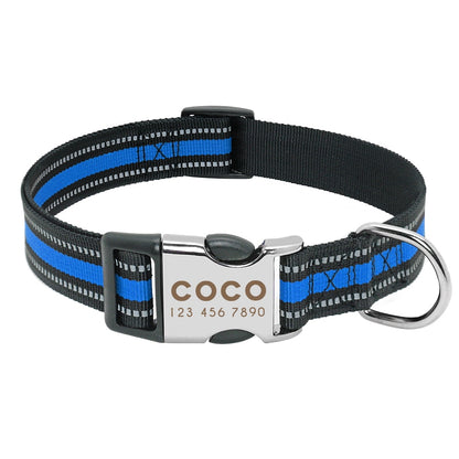 Collar de nailon personalizado para perros - Etiqueta de identificación grabada con placa reflectante para perros pequeños, medianos y grandes 