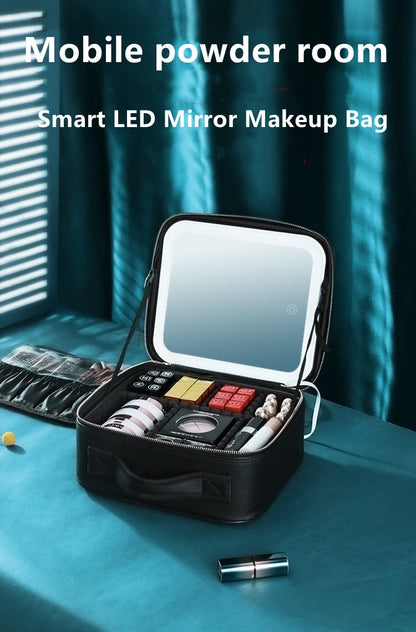 Estuche cosmético portátil inteligente con luz LED y espejo: bolsa de maquillaje de viaje para mujeres 