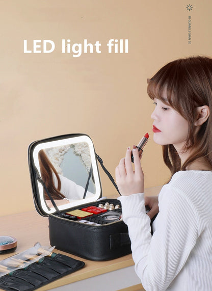 Estuche cosmético portátil inteligente con luz LED y espejo: bolsa de maquillaje de viaje para mujeres 